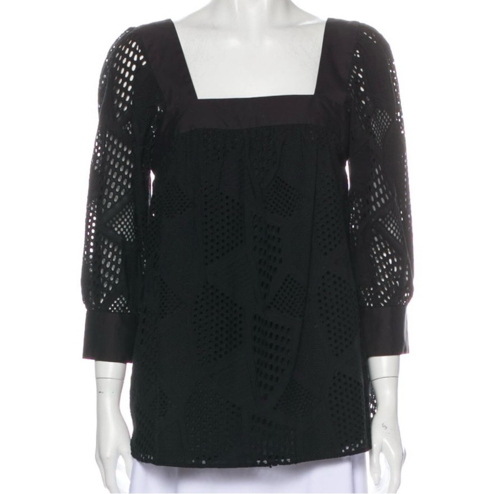 Milly Three-Quarter Sleeve Cotton Eyelet Blouse with Square Neckline